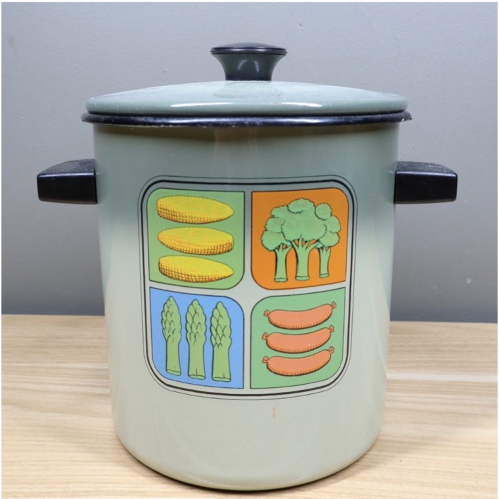 Vintage Vegetable Steamer Pot Enamelware Stock Pot‎ with Insert and Lid Green